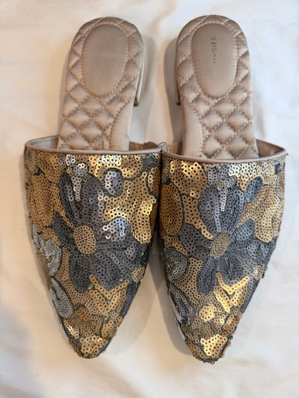 Birdies Sequin Floral Pointed-Toe Mules in Gold and Silver